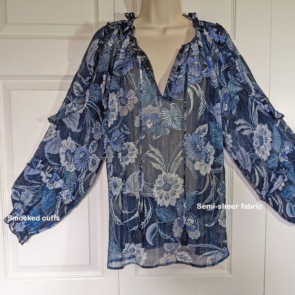 NWT Miss June Paris pullover 1 Size pullover top, Blue sheer floral, Made India - Picture 7 of 16